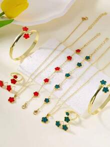 5pcs/Set Floral Pendant Jewelry Set For Women, Necklace, Earrings, Bracelet, Bangle, Ring, Elegant & Charming Accessories - Black - View 4