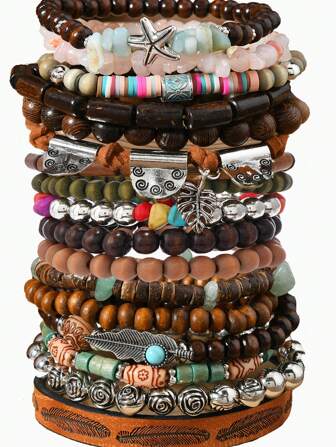 17pcs/Set New Beaded Flower & Leaf Bracelet For Men & Women, Valentine's Gift, Long-Lasting Daily Wear