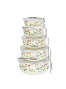 5pcs/Set Enameled Refrigerator Food Storage Bowls With Lids, 10cm/12cm/14cm/16cm/18cm, Floral Patterns, Stackable And Portable Mini Multi-Function Bowls For Mixing, Fruit Storage, Cake Preservation, Reusable Kitchen Accessories - Multicolor - View 5