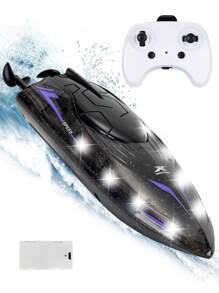 1 pieza Barco de control remoto, barco RC de acrobacias con luces 2.4GHz, puede realizar trucos como volteos, giros, movimiento hacia adelante en el agua, barco de acrobacias con volteo de 360° y luces LED, adecuado para piscinas y lagos, batería recargable modular, juguete regalo para niños y adultos, cumpleaños, vacaciones, regalo de Navidad para niños y niñas