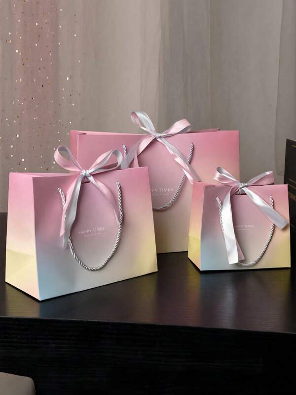 1 Stück/5 Stücke/10 Stücke Geschenktüten aus farbverlaufendem Papier mit Schleifenband - elegantes "Happy Time" Design geeignet für Kosmetik, Valentinstag, Hochzeiten, Geburtstage und besondere Anlässe
