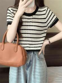 女士夏季时尚黑白条纹针织上衣，宽松女孩时尚短袖 - 黑與白 - 查看 2
