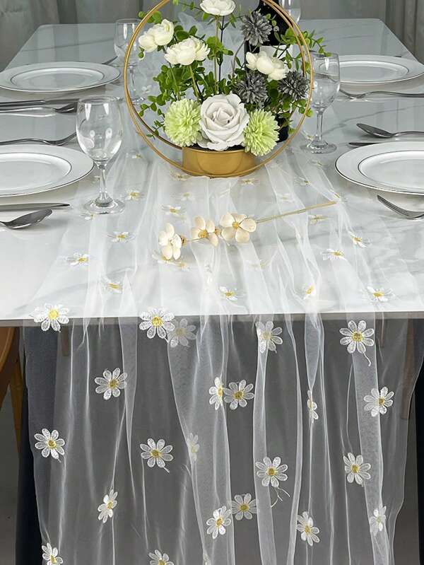 1 pieza Mantel de encaje bordado con margaritas de primavera/verano, decoración de mesa de cocina y comedor para festividades de Pascua, adecuado para uso en casa y fiestas en interiores