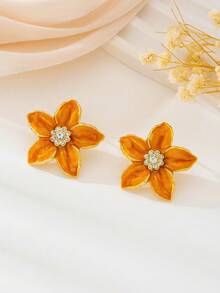 1 Pair Delicate Rhinestone Orange Flower Drop Earrings For Women, Suitable For Dates And Vacation Wear - Orange - View 2