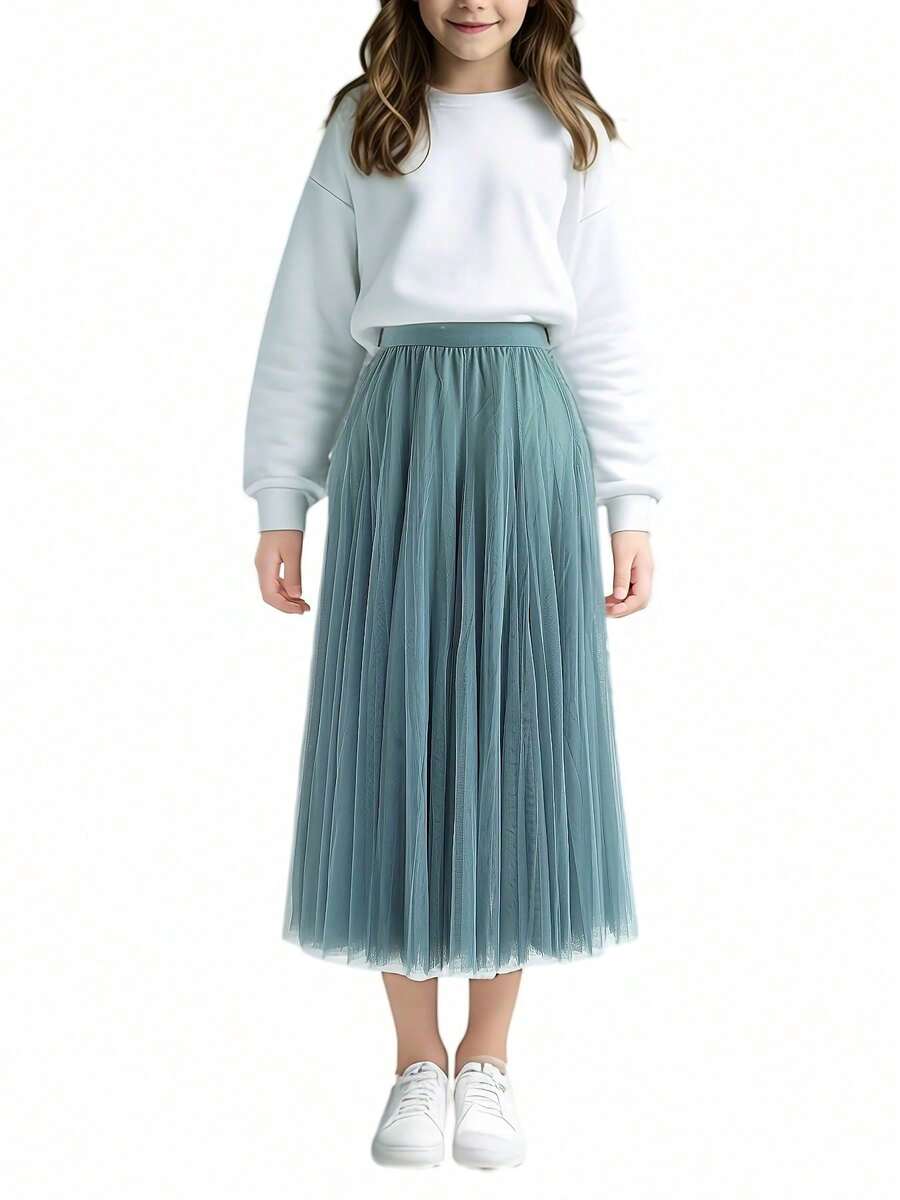 Kid Girl's Solid Color Mesh Skirts Elegant High Casual Waist Skirts Party Vacation Kids Clothing Gift - xanh đậm - Xem 1