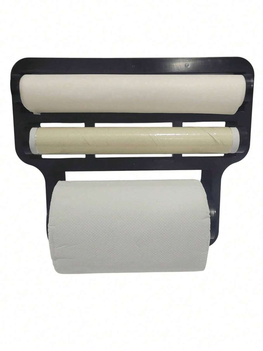 Triple Wall Mounted Holder For Paper Towel Rolls Aluminum Film Utensils Plastic - Negro - Ver 1