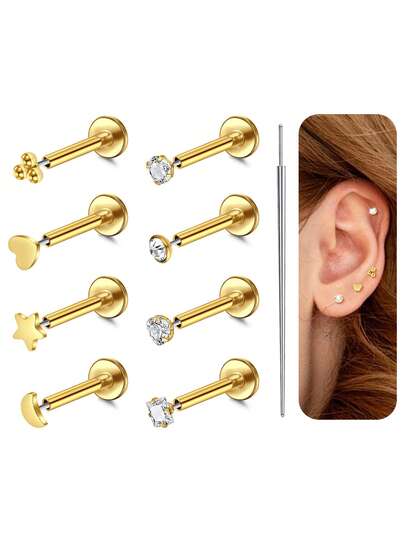 AVYRING 9Pcs 16G/20G Stainless Steel Tragus Piercing Jewellery Labret Piercing Jewellery Threadless Push In Nose Studs Tragus Earrings Flat Back Tragus Stud Lip Medusa Helix Piercing Jewellery 6/8MM