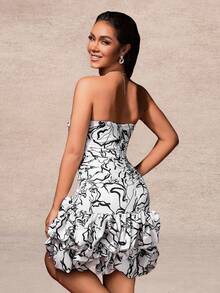Floral Print Bustier Form-Fitting Party Dress - Black and White - View 5