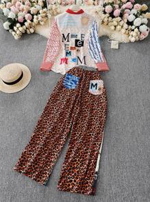 Women's Spring And Summer Thin Two Pieces Casual Leopard Print Long Sleeve Shirt And Pants Two Pieces Suit