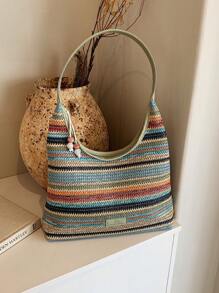 1pc Letter Print Colorful Striped Crescent-Shaped Tote Bag, Versatile Casual Beach Shoulder Bag Suitable For Women, Holiday & Beach Use