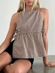 Camisetas de tirantes para mujer con patrones a cuadros sólidos, con lazos laterales, sin mangas, con tirantes de espagueti, para el verano - Café integral - Ver 3