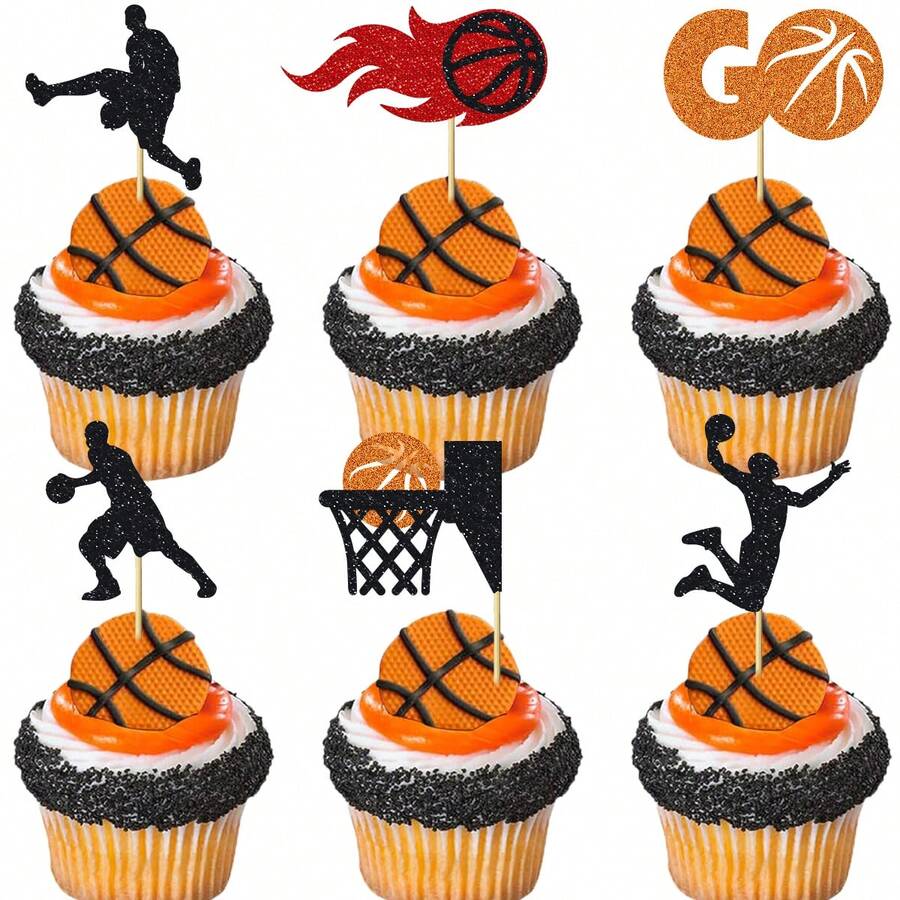 12/24Pcs Basketball Cupcake Toppers Star Sports Fan Basketball Backboard Cupcake Picks Players Sports Theme Birthday Party Cake Decorations Supplies