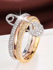 三色三环时尚女士戒指，可拆卸，锆石装饰，适合女性日常搭配、派对、礼物、配饰