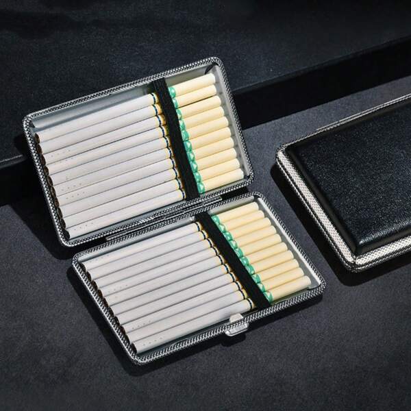 1 pieza Estuche de cigarrillos compacto de mujer de 5,5" con textura de piel, guarda 20 cigarrillos finos, caja de cigarrillos portátil con cubierta de metal, apta para uso diario, accesorios para fumar