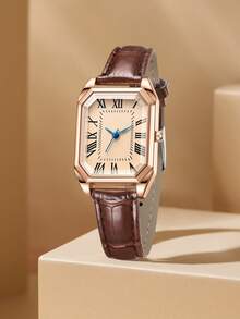 1pc Women's Brown PU Leather Belt Fashionable Casual Retro Small Square Roman Letter Dial Quartz Watch For Daily Wear Or Holiday Gifts - one-size - View 1