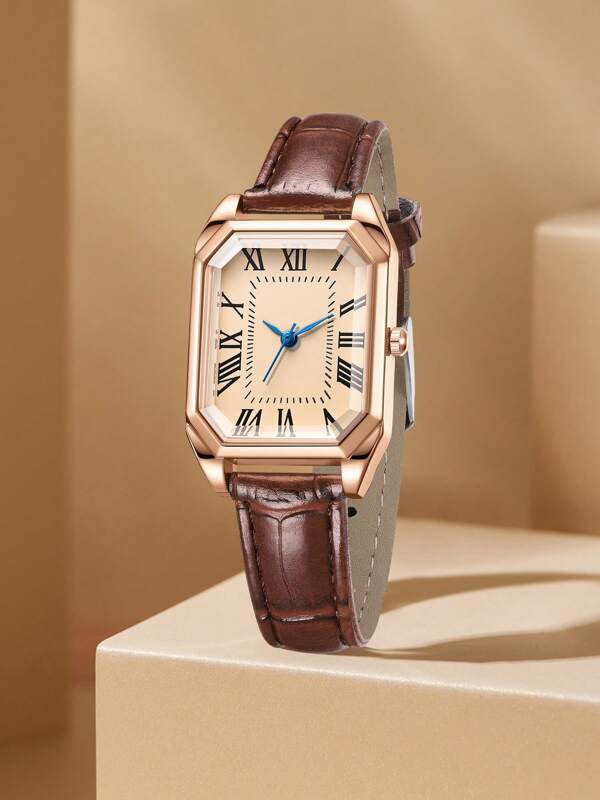 1pc Women's Brown PU Leather Belt Fashionable Casual Retro Small Square Roman Letter Dial Quartz Watch For Daily Wear Or Holiday Gifts