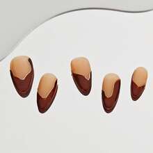 10pcs Handmade Press-On Nails Set, Dark Brown, Almond, 3D Hand-Painted, Gold Line Geometric, Simple, Daily Wear, Reusable, False Nails Full Cover, Nails Glossy Artificial Nails For Woman Girl Nail Decoration - L - 查看 1