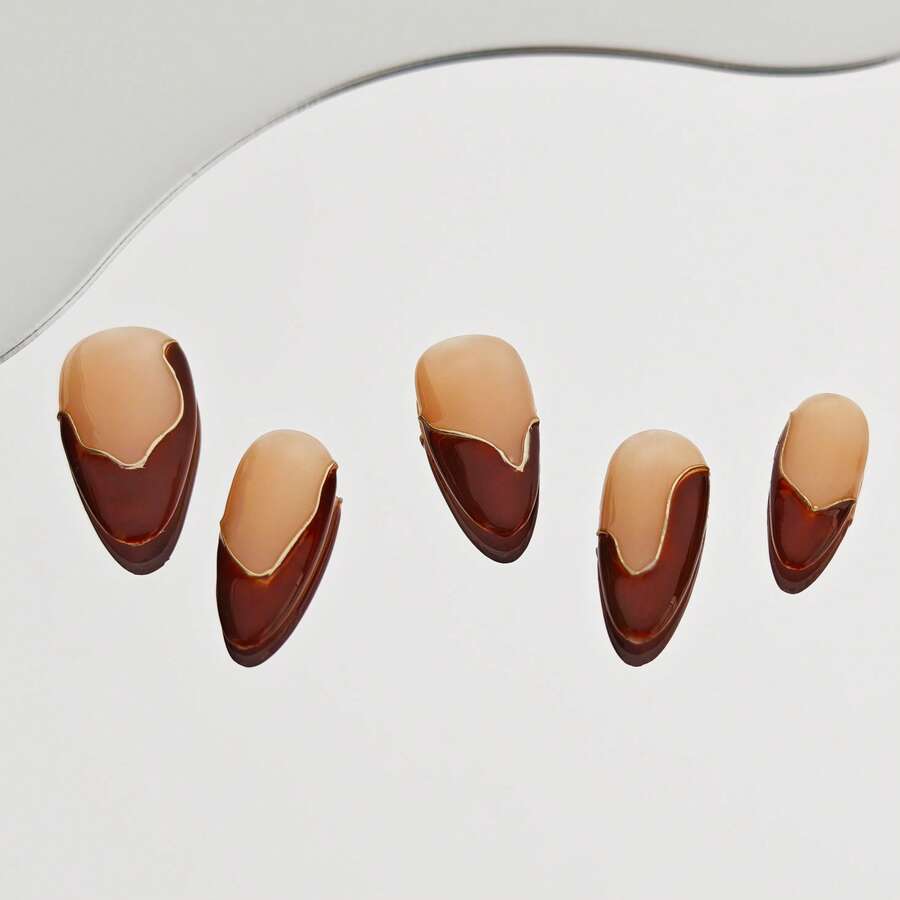 10pcs Handmade Press-On Nails Set, Dark Brown, Almond, 3D Hand-Painted, Gold Line Geometric, Simple, Daily Wear, Reusable, False Nails Full Cover, Nails Glossy Artificial Nails For Woman Girl Nail Decoration - L - 查看 1