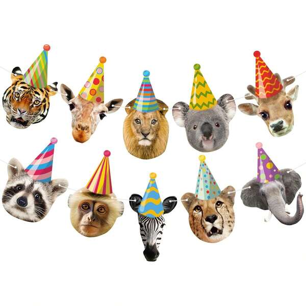 Animals Happy Birthday Banner -Babyshower Animal Party Decorations, Wild Zoo Birthday Party Supplies