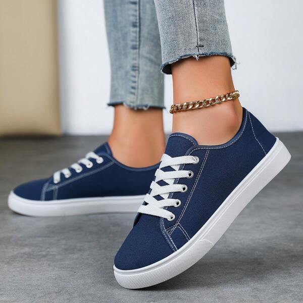 Zapatos casuales de unicolor para mujer, zapatos planos, zapatos de punta redonda con cordones y transpirables, zapatillas clásicas de mujer, zapatos casuales de unicolor con cordones de caña baja, zapatos cómodos para mujer
