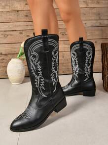 Women's Embroidered Chunky Heel Cowboy Boots, Fashion Party Western Boots