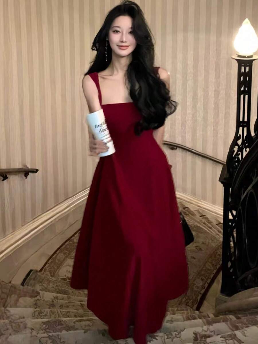 Romantic Burgundy Square Neck Party Dress Women Concert Elegant A-Line Sleeveless Midi Spring Summer Graduation Dress - Burgundy - View 1