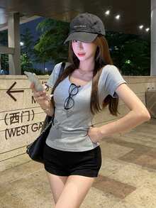 简约 U 领短袖 T 恤，弹力修身纯色百搭休闲上衣 - 灰色 - 查看 7