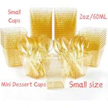 10/25/50//100/200Pcs,2oz/60ML Mini Plastic Dessert Cups With Spoons Small Square Glitter Clear Banana Pudding Cups Serving Tasting Bowls For Appetizer Birthday Wedding Party Gold And Transparent