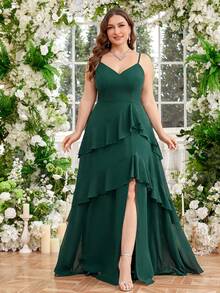 UNITHORSE V-Neck Sleeveless Bridesmaid Dress With Ruffle Hem & Side Slit, Elegant Long Formal Wedding Guest Dress - Dark Green - View 4