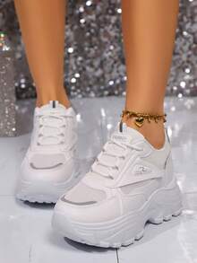 Women's Chunky Sneakers, Spring Autumn New Internal Increase Shoes, Thick Sole Waterproof White Shoes, Slimming Sporty Casual Shoes - White - View 5