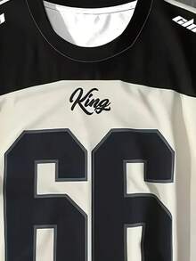 男童芝加哥 #66 图案圆领 T 恤，黑色和米色条纹设计，涤纶夏季街头服饰，适合户外活动，休闲户外服装 | 时尚休闲上衣 | 光滑面料，芝加哥 T 恤