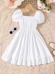 Young Girl Summer Dress - Sweet Knit With Elegant Eyelet Jacquard, Puff Sleeves & Ruffle Hem, Casual Button-Front White Dress For Youngsters - White - View 2