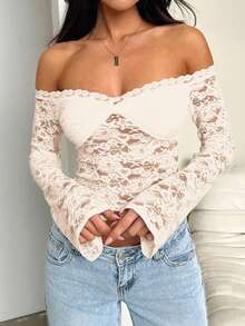 GAOVOT Women's Autumn Y2K Sexy Fitted One Shoulder Long Sleeve Lace Blouse - 杏色 - 查看 5