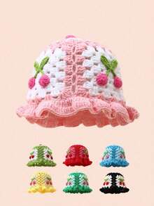 Woman's Handmade Crocheted Strawberry Bucket Hat With Ruffles & Hollow Design, Y2K Style Suitable For Daily, Street, Vacation, Boho Gift - Multicolor - View 4