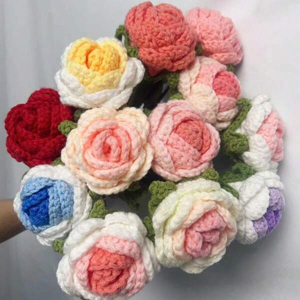 Handmade Crochet Rose Flower Decoration, Artificial Flower, Goddess Festival Gift, Multiple Colors. Happy Halloween/Merry Christmas