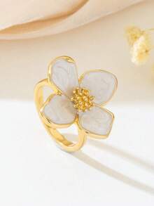1 件夏季度假风格白色珐琅彩色花卉四叶花戒指女士 - 白色 - 查看 3
