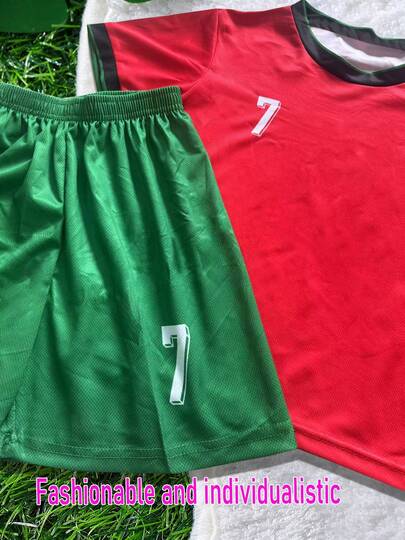 [Customized] Personalized Name Portugal National Team #7 Youth Soccer Jersey Set - Polyester, Crew Neck Top And Shorts, Suitable For Boys' Sports Training And Casual Wear, Perfect For Outdoor Activities. For Boys, Back To School, Retro Soccer Kit