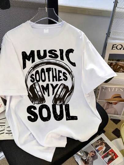 Teen Girl Headphone And Slogan Graphic Short Sleeve T-Shirts, Summer,Suitable For School, Vacation And Shopping