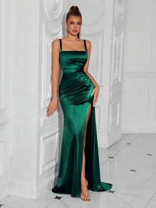 ADYCE Vestido de fiesta elegante de mujer con tirantes de espagueti, fruncido delantero, abertura en la espalda y falda vaporosa, para ocasiones formales, bodas y eventos