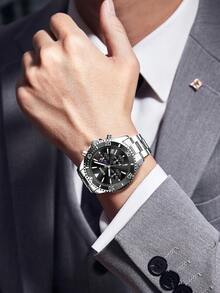 DOM 1pc Men's Fashion Casual Multi-Function Running Seconds Hand Calendar Moon Phase Luminous Waterproof Quartz Sports Watch, Comes With Gift Box, Suitable For Daily Wear And Decoration, Gift For Friends Or Father - Silver - View 5