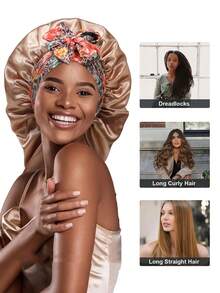 1pc Long Satin Printed Braided Hat - Sleep Silk Hair Cap With Elastic Straps, Suitable For With Curly Hair(Random Print Pattern) - A - View 3