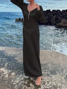 女士长袖镂空泳衣罩衫，优雅的波西米亚风海滩度假风格，V 领连衣裙