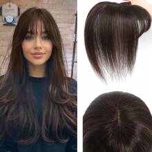 Straight Human Hair Toppers For Women Size 5*9 Cm- Middle Part With Bangs, Gradient Blonde To Brown, Real Hair Pieces For Volume & Length Enhancement, Styling Versatility - Dark Brown - View 1