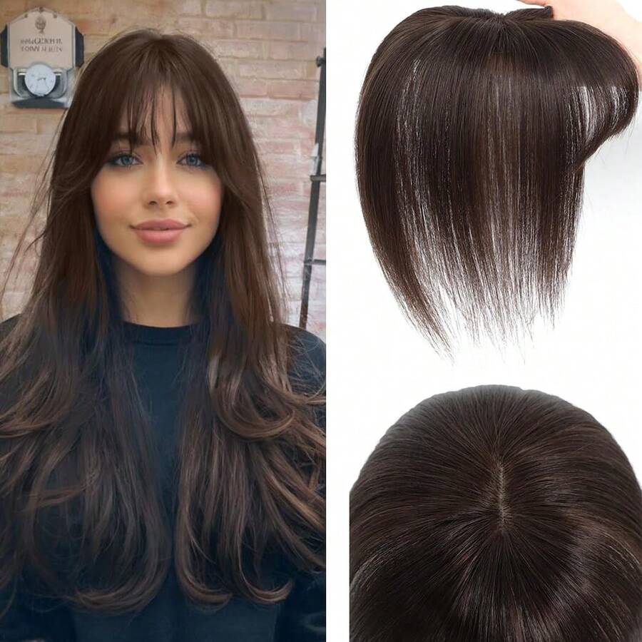 Straight Human Hair Toppers For Women Size 5*9 Cm- Middle Part With Bangs, Gradient Blonde To Brown, Real Hair Pieces For Volume & Length Enhancement, Styling Versatility - Dark Brown - View 1
