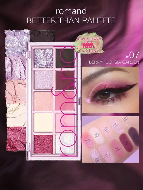Rom&nd Romand Better Than Palette 07 BERRY FUCHSIA GARDEN, Lidschattenpalette, tägliche natürliche Farbtöne, gut vermischbar, intensive Farben, samtige Textur, Matt & Schimmer, hochpigmentiert, langanhaltend, Koreanisches Make-up, K-Beauty, 7,4g/0,26oz