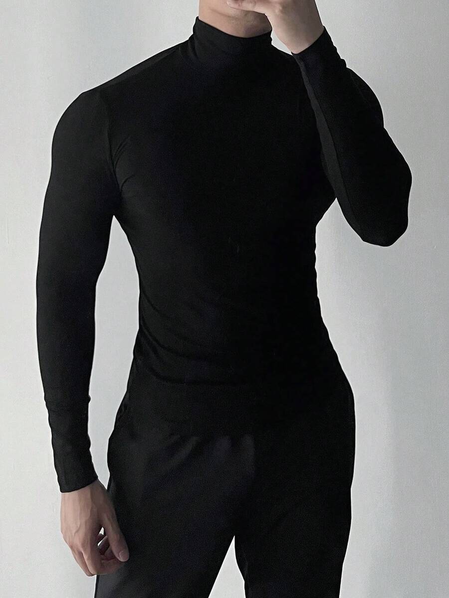 Men's Ribbed Shirt Blouse, High Neck, Long Sleeve, Old Money Style, Premium Knit - 黑色 - 查看 1