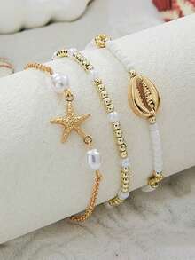 3件套 时尚海洋风合金贝壳和海星编织弹力手链（女士款） - 金色 - 查看 2