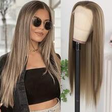 13X4 Purple Hair Synthetic Lace Front Wigs 26 Inch Pre Plucked Long Straight Hair Wigs 13X4 HD Lace Wigs Glueless Dark Purple Colored Wigs Heat Resistant Halloween Wigs Deep Purple Long Silky Straight Lace Front Wigs For Fashion Women For Daily Christmas Party Cosplay Use - Ash Blonde Highlight - 查看 2
