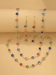 4pcs/Set Summer Fashion Crystal Necklace, Bracelet And Earring Jewelry Set, Birthday, Party, Holiday Gift For Lover, Mom, Jewelry Accessories, Random Color Crystals