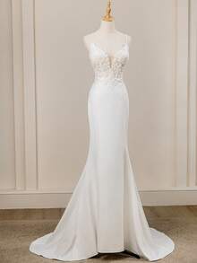 New Floral Mesh Mermaid Hem Splice Ribbon Maxi Elegant Wedding Dress